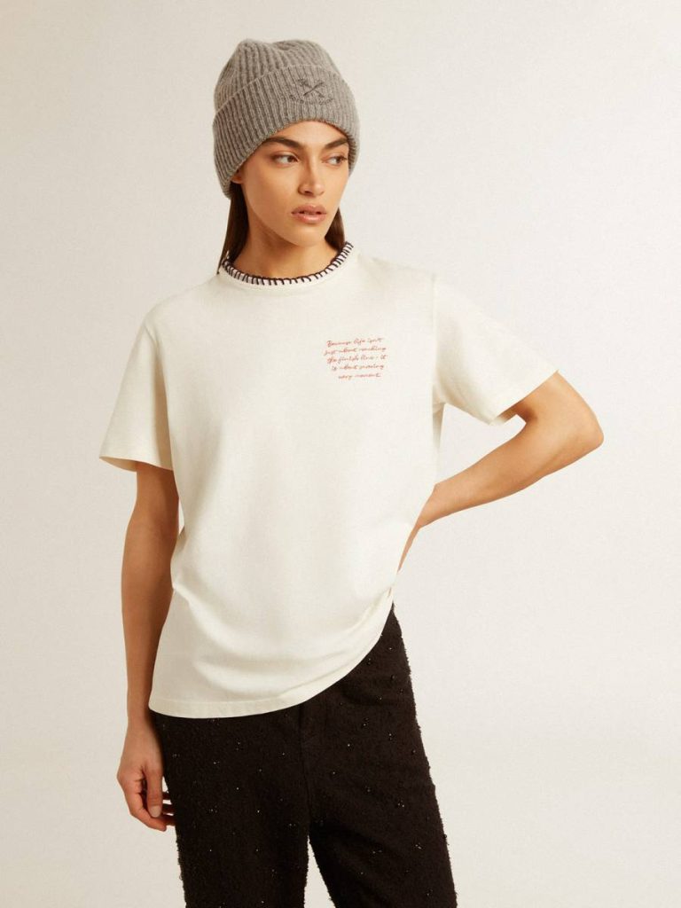 Aged White Women's Aged White Cotton T-Shirt With Hand Embroidery Women T-Shirts & Tops Golden Goose