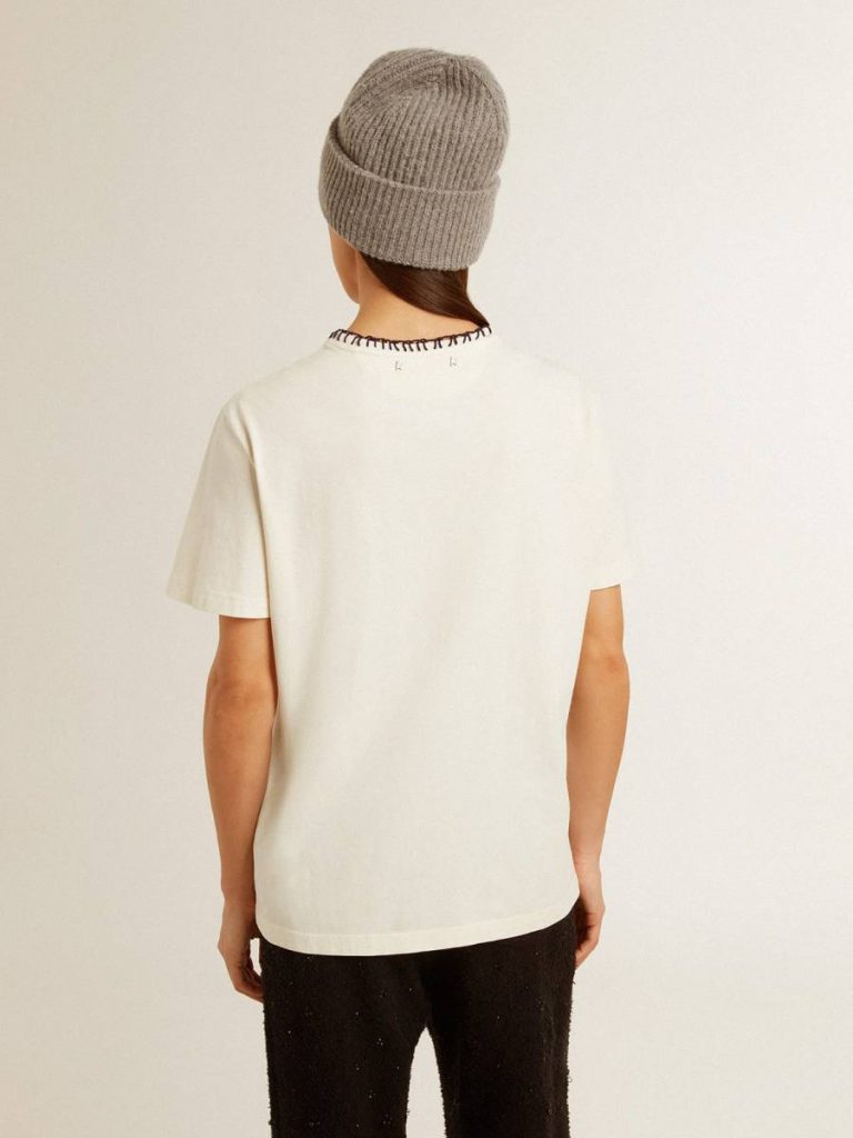 Aged White Women's Aged White Cotton T-Shirt With Hand Embroidery Women T-Shirts & Tops Golden Goose