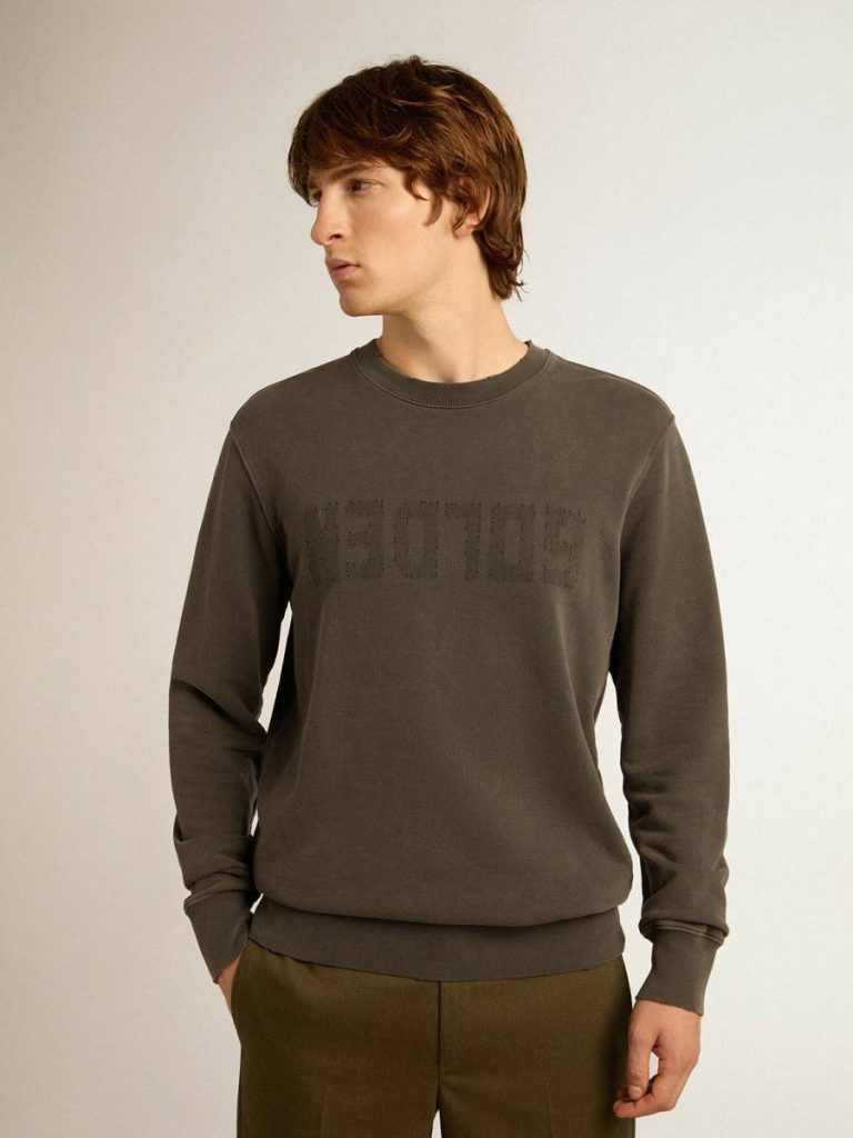 Anthracite Gray Men Golden Goose Men's Gray Sweatshirt With Logo And Distressed Treatment Sweatshirts