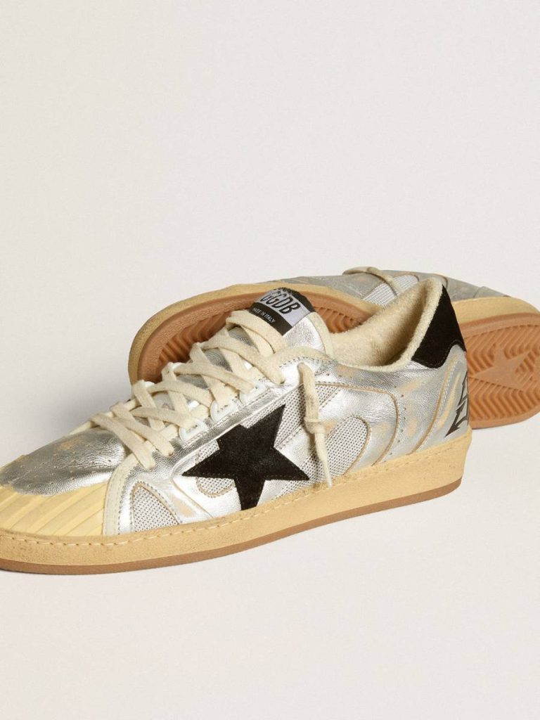 Ball Star Golden Goose Ball Star Lab In Silver Leather With Black Suede Star And Heel Tab Men