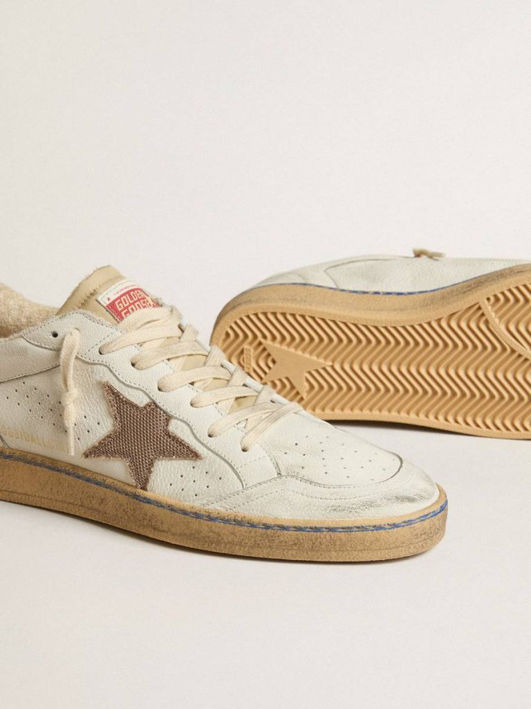 Ball Star Ltd With Sand Mesh Star And Green Leather Heel Tab Men Ball Star White Golden Goose
