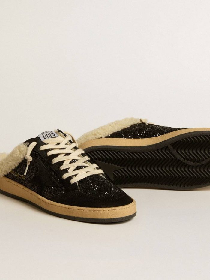 Ball Star Sabots In Black Glitter With Black Star And Shearling Lining Golden Goose Ball Star Women