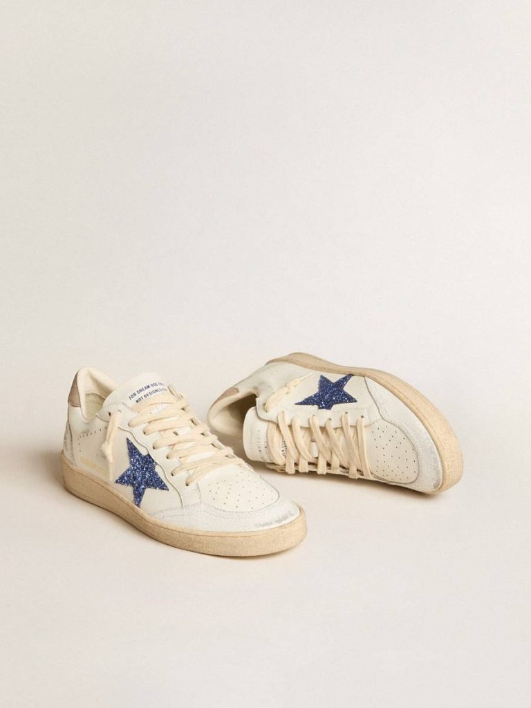 Ball Star With Blue Glitter Star And Dove-Gray Suede Heel Tab Golden Goose Ball Star Women White