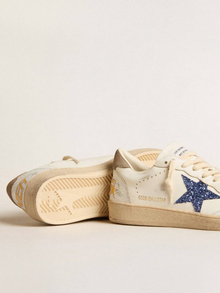 Ball Star With Blue Glitter Star And Dove-Gray Suede Heel Tab Golden Goose Ball Star Women White