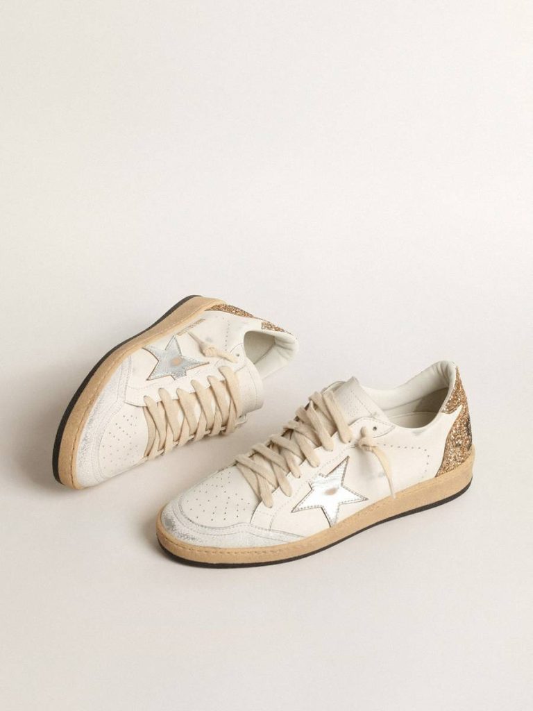 Ball Star With Metallic Leather Star And Glitter Heel Tab Women Golden Goose Ball Star White