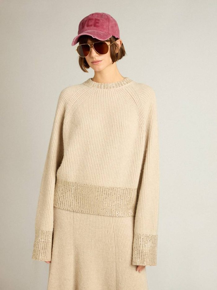 Beige Knitwear Women's Boxy Sweater In Wool With Hotfix Crystal Decoration Golden Goose Women