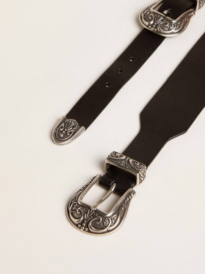 Black Belt In Washed Leather With Silver-Colored Double Buckle Golden Goose Black Belts Women