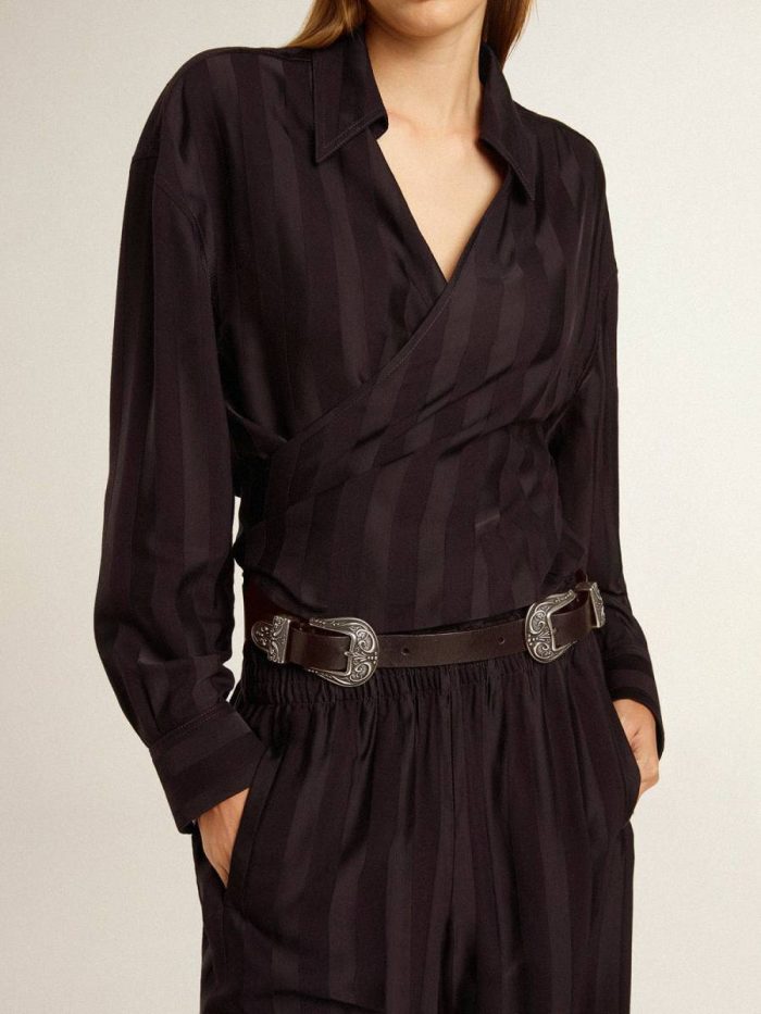 Black Belt In Washed Leather With Silver-Colored Double Buckle Golden Goose Black Belts Women