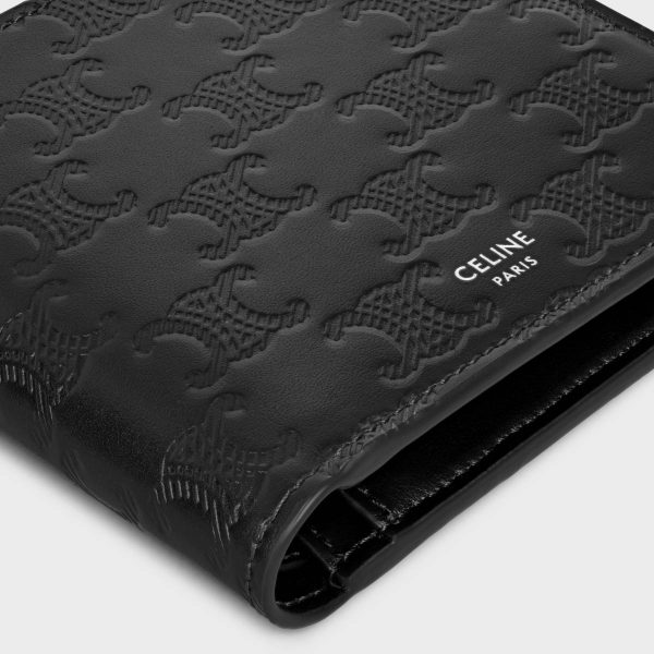 Black Celine Men Bi-Fold Wallet With Coin Compartment In Calfskin With Triomphe Embossed Wallets