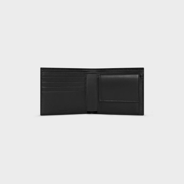 Black Celine Men Bi-Fold Wallet With Coin Compartment In Calfskin With Triomphe Embossed Wallets