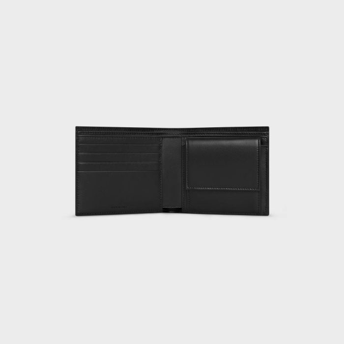 Black Celine Men Bi-Fold Wallet With Coin Compartment In Calfskin With Triomphe Embossed Wallets