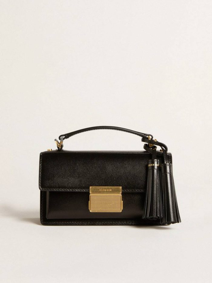 Black Crossbody Bags Women Small Venezia Bag In Black Boarded Leather With Gold Details Golden Goose