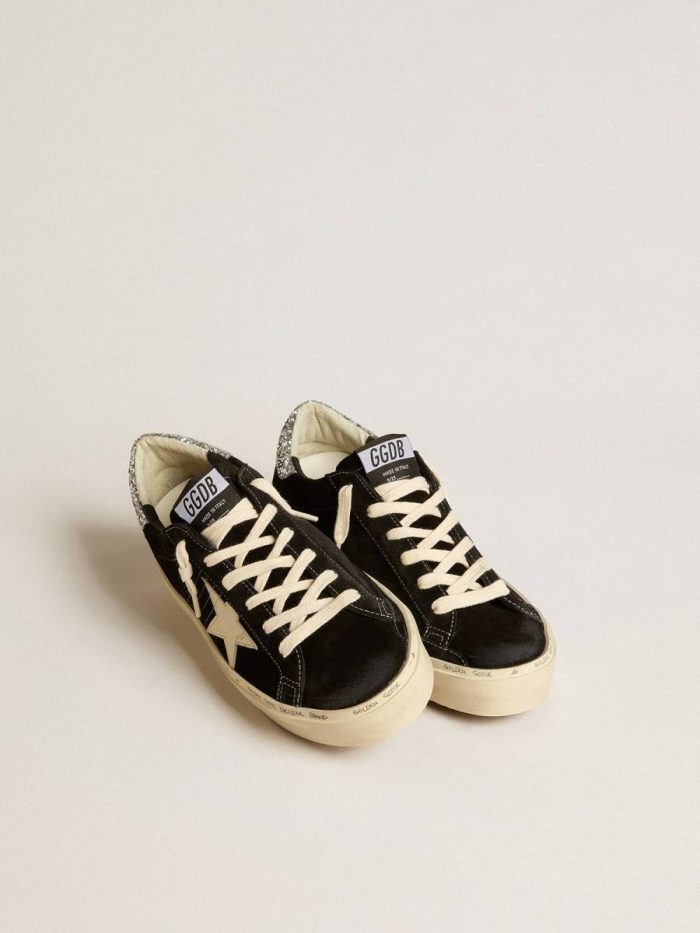Black Golden Goose Hi Star Women’s Hi Star In Black Leather With Silver Glitter Heel Tab Women