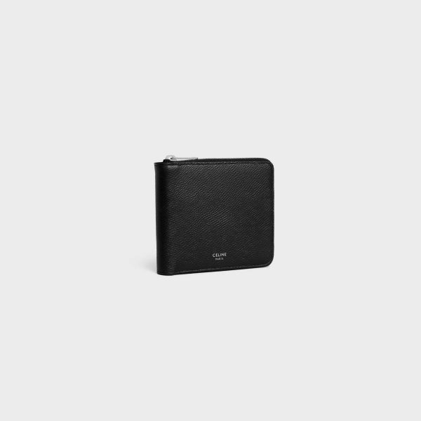 Black Men Celine Wallets Zipped Bi-Fold Wallet With Coin Compartment In Grained Calfskin