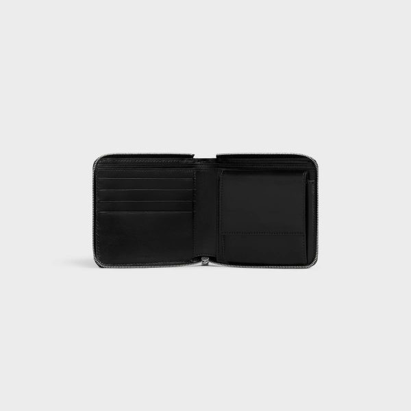 Black Men Celine Wallets Zipped Bi-Fold Wallet With Coin Compartment In Grained Calfskin