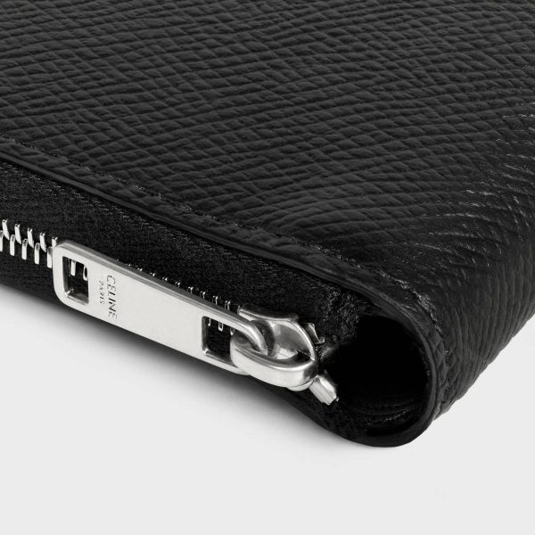 Black Men Celine Wallets Zipped Bi-Fold Wallet With Coin Compartment In Grained Calfskin
