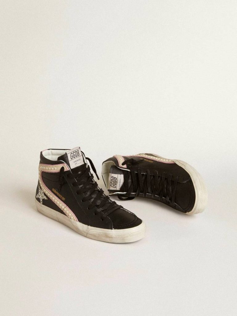 Black Slide Golden Goose Slide Ltd With Platinum Glitter Star And Suede Flash With Pearls Women