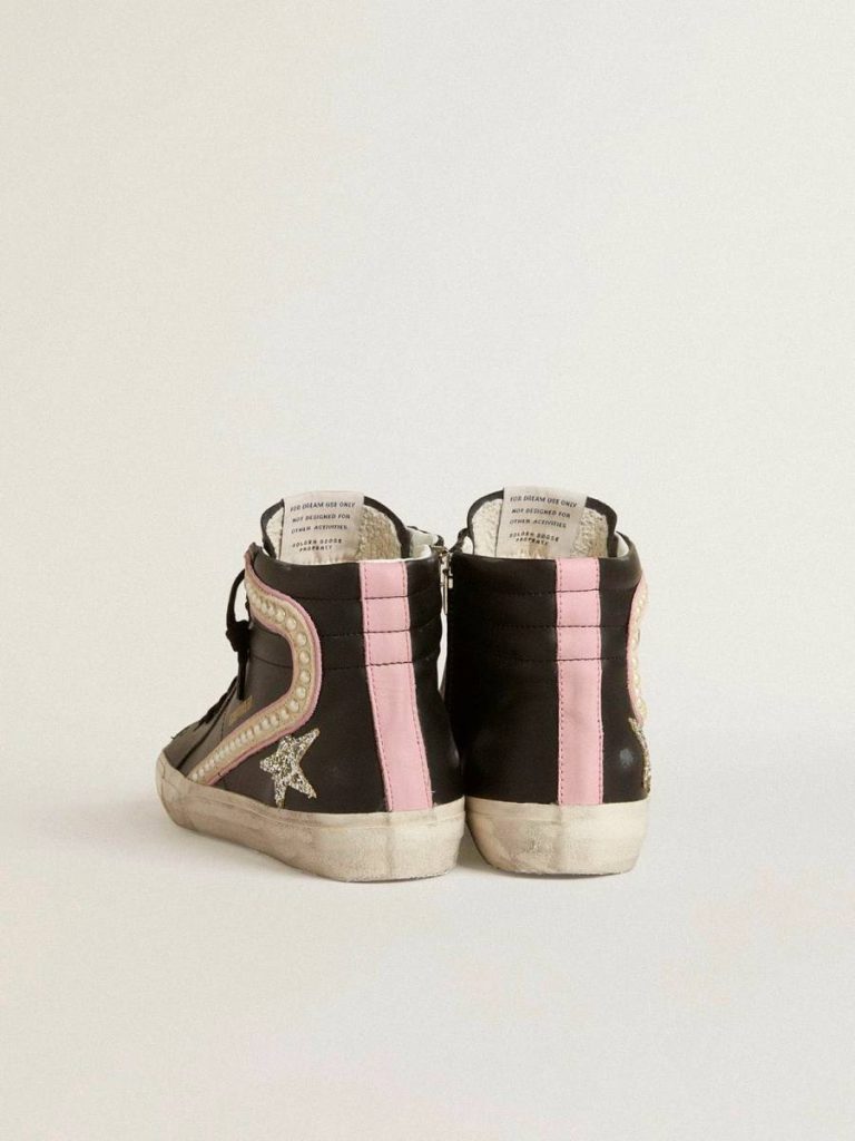 Black Slide Golden Goose Slide Ltd With Platinum Glitter Star And Suede Flash With Pearls Women