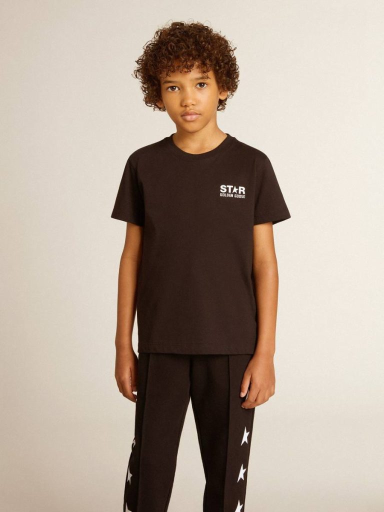 Black T-Shirt With Contrasting White Logo On The Front And Maxi Star On The Back Kids Topwear Selection (4-12 Years) Black Golden Goose