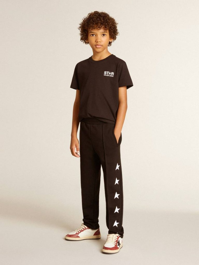 Black T-Shirt With Contrasting White Logo On The Front And Maxi Star On The Back Kids Topwear Selection (4-12 Years) Black Golden Goose