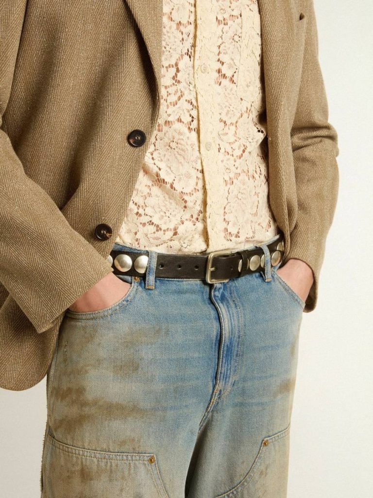 Black Trinidad Belt In Washed Leather With Studs Belts Men Golden Goose