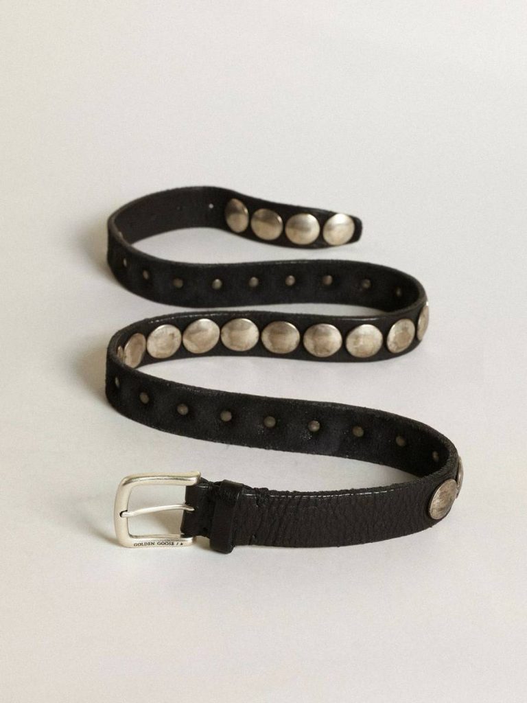 Black Trinidad Belt In Washed Leather With Studs Belts Men Golden Goose