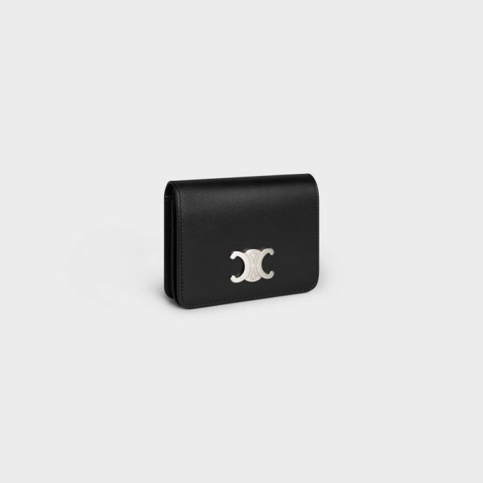 Black Wallets Men Celine Triomphe Compact Wallet In Shiny Calfskin