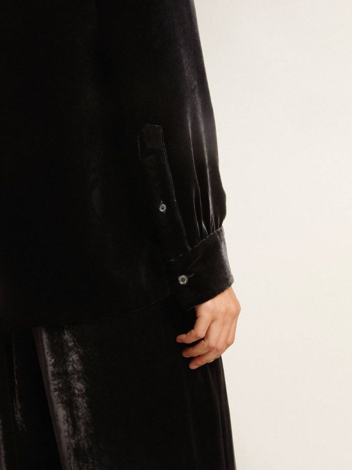 Black Women Golden Goose Shirts Velvet-Effect Black Shirt With Embroidery