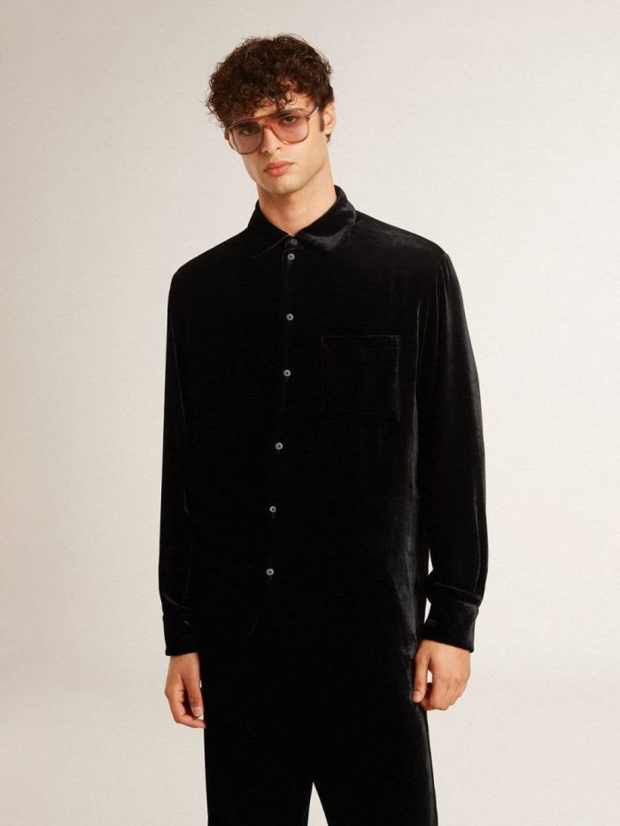 Black Women Golden Goose Shirts Velvet-Effect Black Shirt With Embroidery
