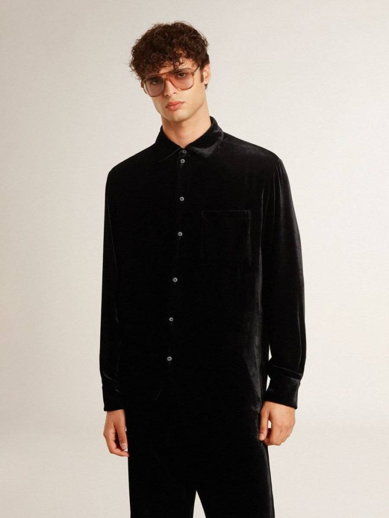 Black Women Golden Goose Shirts Velvet-Effect Black Shirt With Embroidery