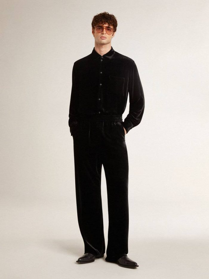 Black Women Golden Goose Shirts Velvet-Effect Black Shirt With Embroidery