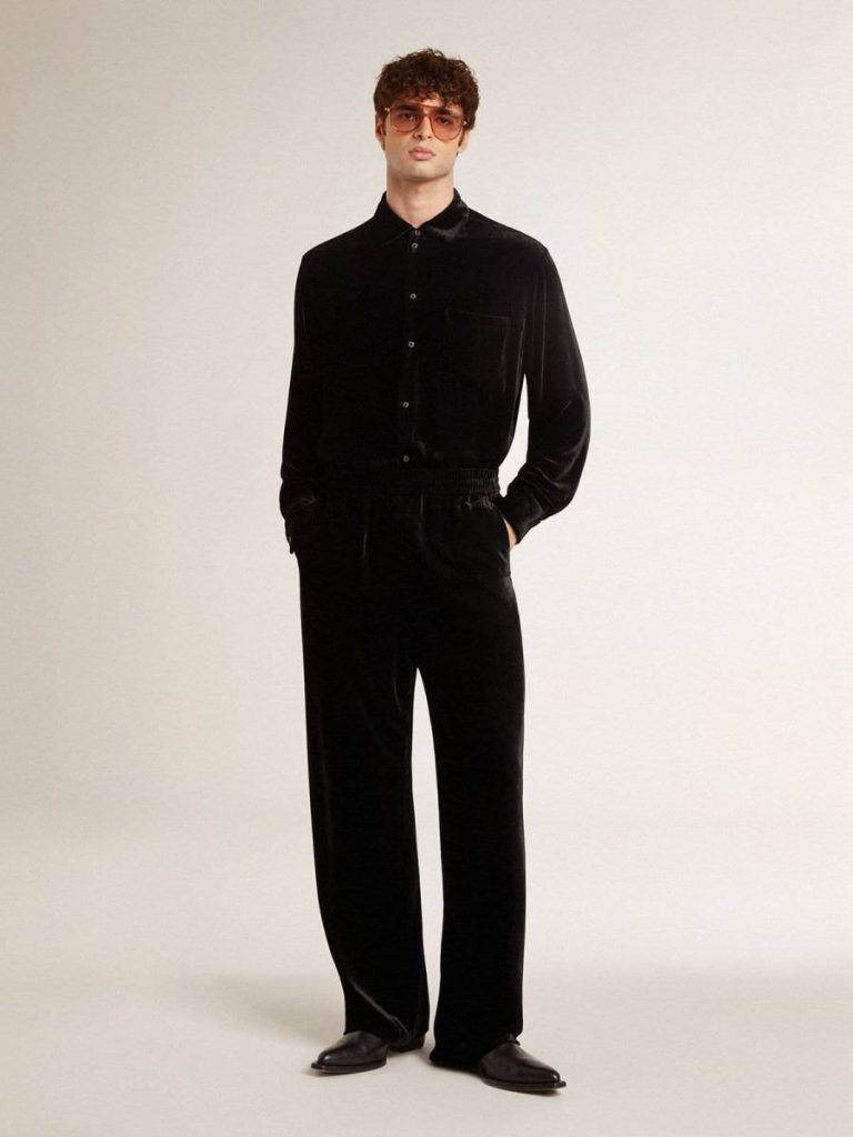 Black Women Golden Goose Shirts Velvet-Effect Black Shirt With Embroidery