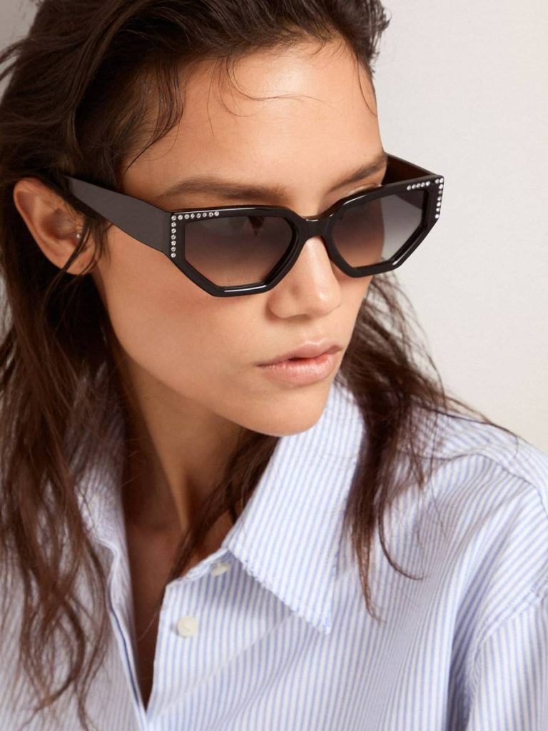 Black Women Sunglasses Sunglasses Rectangular Model With Black Frame And Crystals Golden Goose