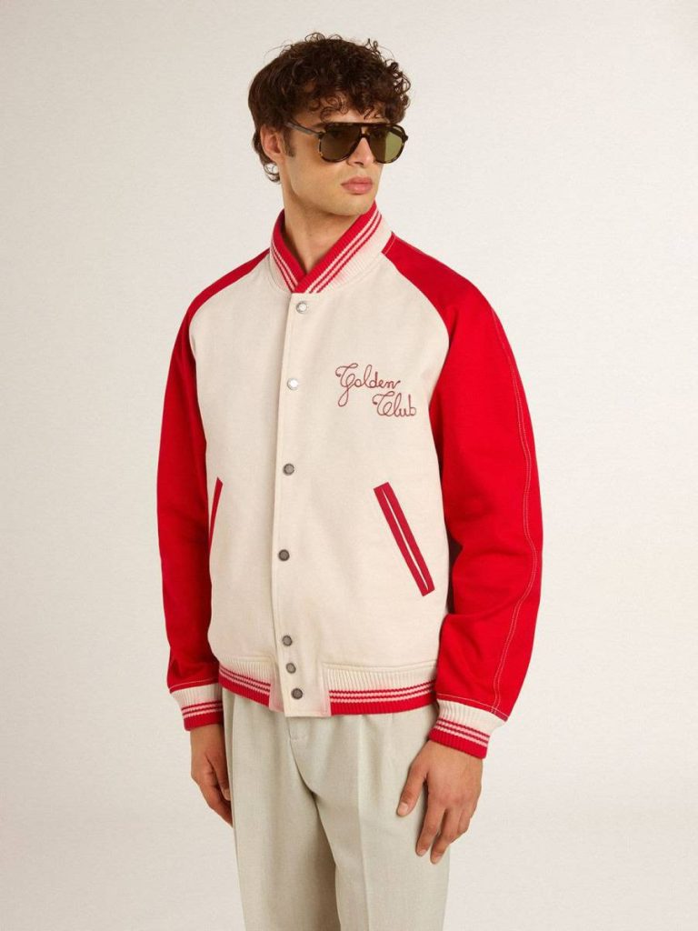 Bomber Jacket In Worn White And Red With Embroidery Worn White And Red Men Coats & Jackets Golden Goose