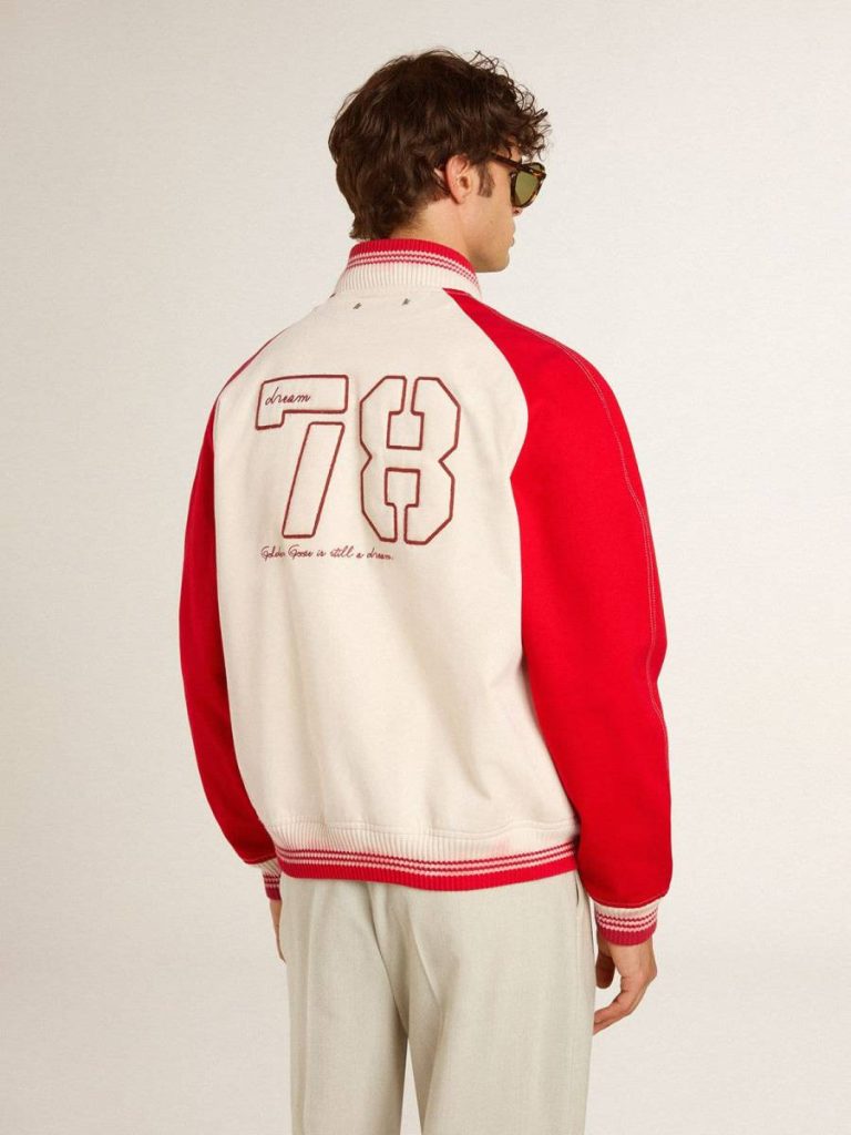 Bomber Jacket In Worn White And Red With Embroidery Worn White And Red Men Coats & Jackets Golden Goose