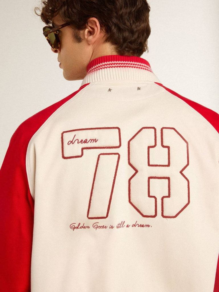 Bomber Jacket In Worn White And Red With Embroidery Worn White And Red Men Coats & Jackets Golden Goose
