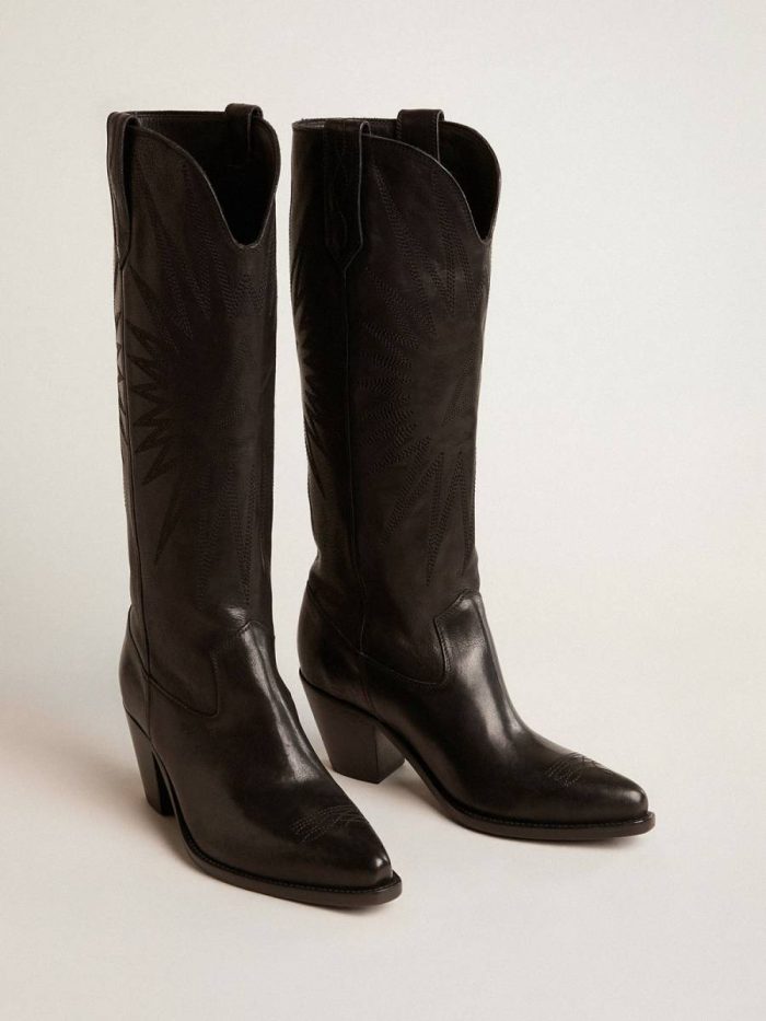 Boots Women Black Golden Goose Women's Wish Star Boots In Black Leather With Star Embroidery