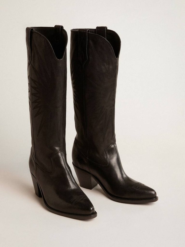 Boots Women Black Golden Goose Women's Wish Star Boots In Black Leather With Star Embroidery