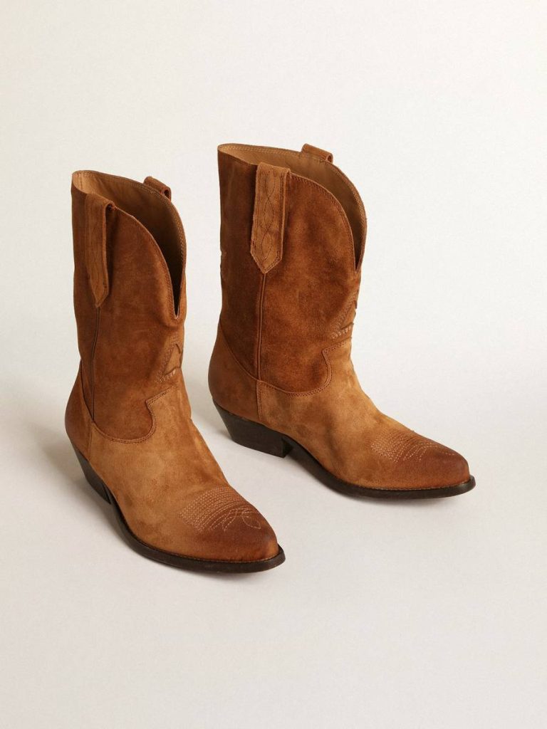 Boots Women Low Wish Star Boots In Cognac-Colored Suede With Inlay Star Golden Goose