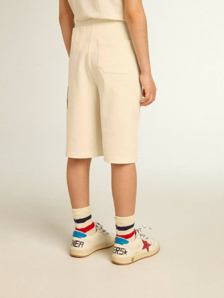 Bottomwear Selection (4-12 Years) Kids Boys’ Bermuda Shorts In Aged White With Print On The Front Aged White Golden Goose