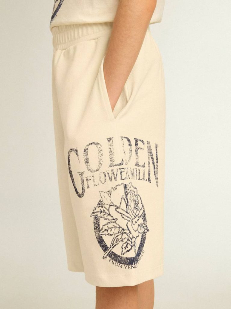 Bottomwear Selection (4-12 Years) Kids Boys’ Bermuda Shorts In Aged White With Print On The Front Aged White Golden Goose