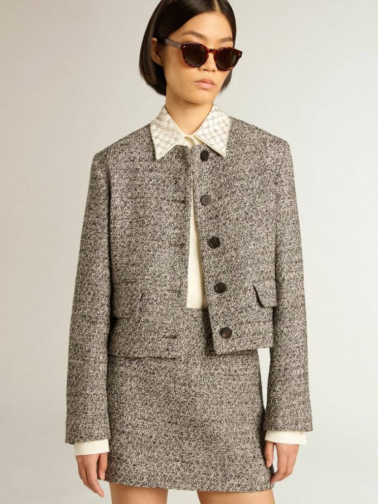 Boxy Cropped Jacket In Gray Bouclé Fabric Coats & Jackets Golden Goose Women Gray