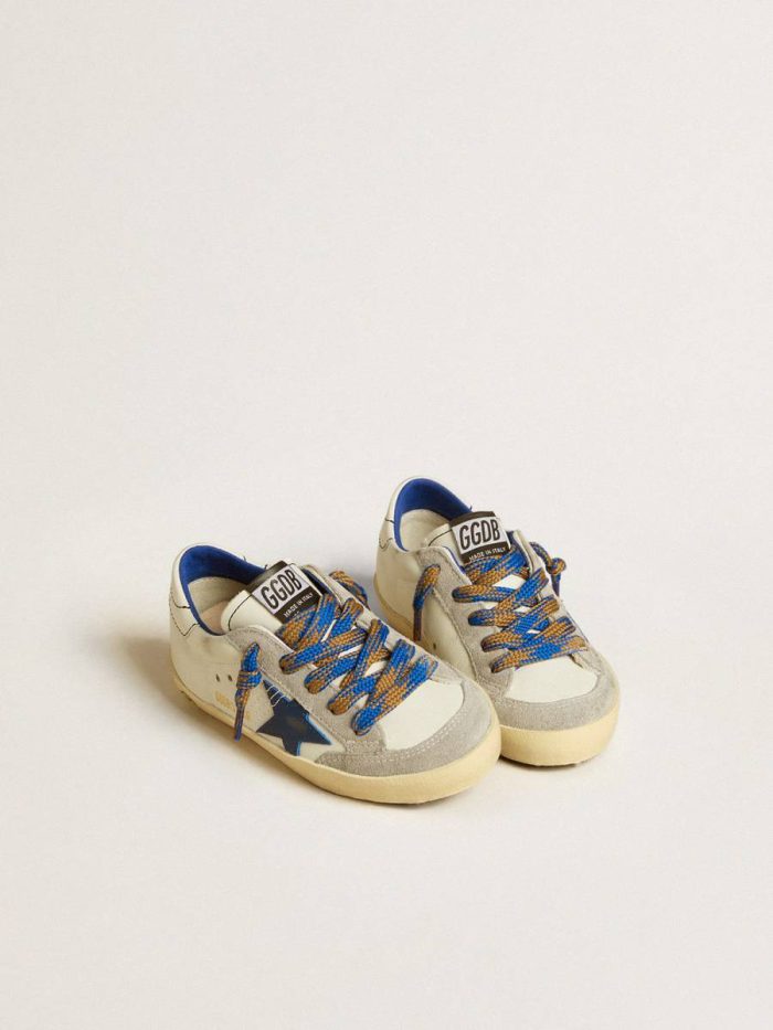 Boys (4-10 Years) White Kids Super-Star Young With Blue Leather Star And Ice-Gray Suede Inserts Golden Goose