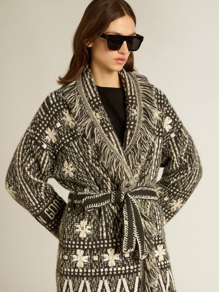 Cardigan With Belt And Dark Gray Fair Isle Pattern Knitwear Women Dark Gray Melange And Wool White Golden Goose