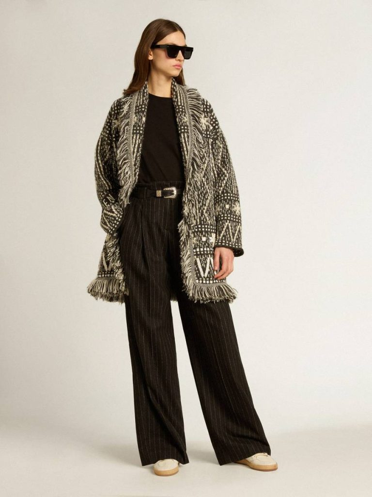 Cardigan With Belt And Dark Gray Fair Isle Pattern Knitwear Women Dark Gray Melange And Wool White Golden Goose
