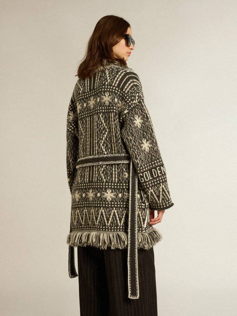 Cardigan With Belt And Dark Gray Fair Isle Pattern Knitwear Women Dark Gray Melange And Wool White Golden Goose