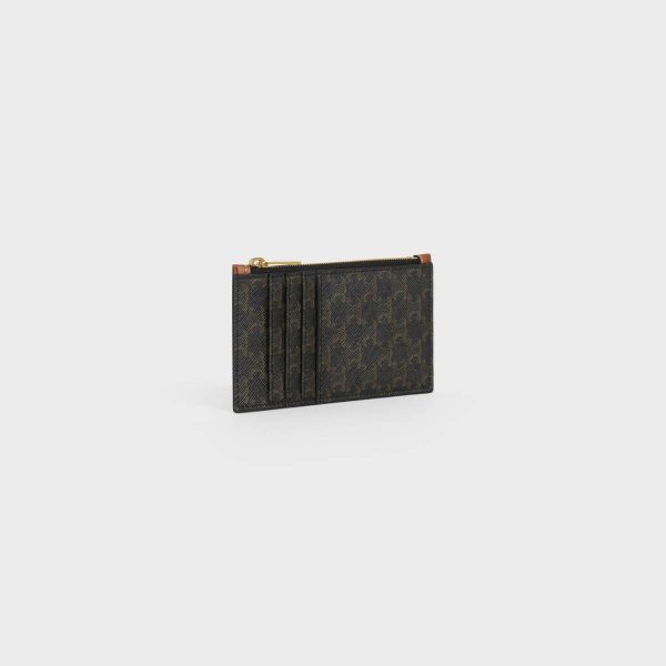 Celine Coin And Card Holders Zipped Card Holder In Triomphe Canvas And Lambskin Men Tan