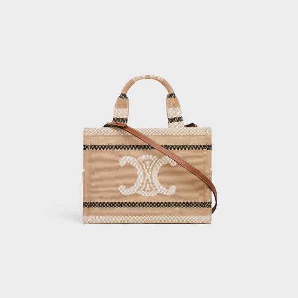 Celine Hobo And Tote Bags Small Cabas Thais In Striped Textile With Triomphe Beige / Black Women
