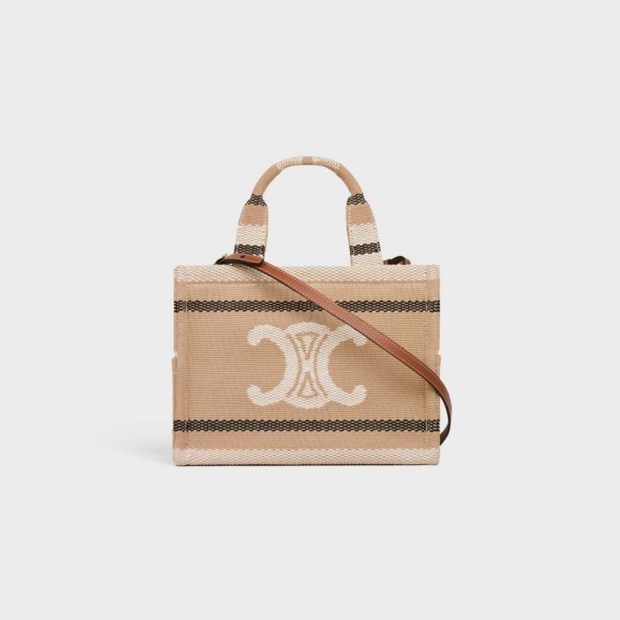 Celine Hobo And Tote Bags Small Cabas Thais In Striped Textile With Triomphe Beige / Black Women
