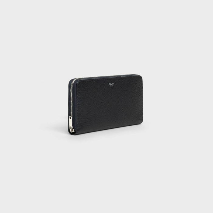 Celine Men Wallets Large Zipped Wallet In Grained Calfskin Black